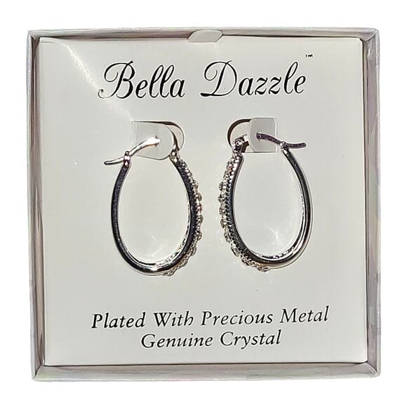 Bella Dazzle Silver Plated Beaded Oval Hoop Earring with Graduated Crystals - Picture 2 of 4